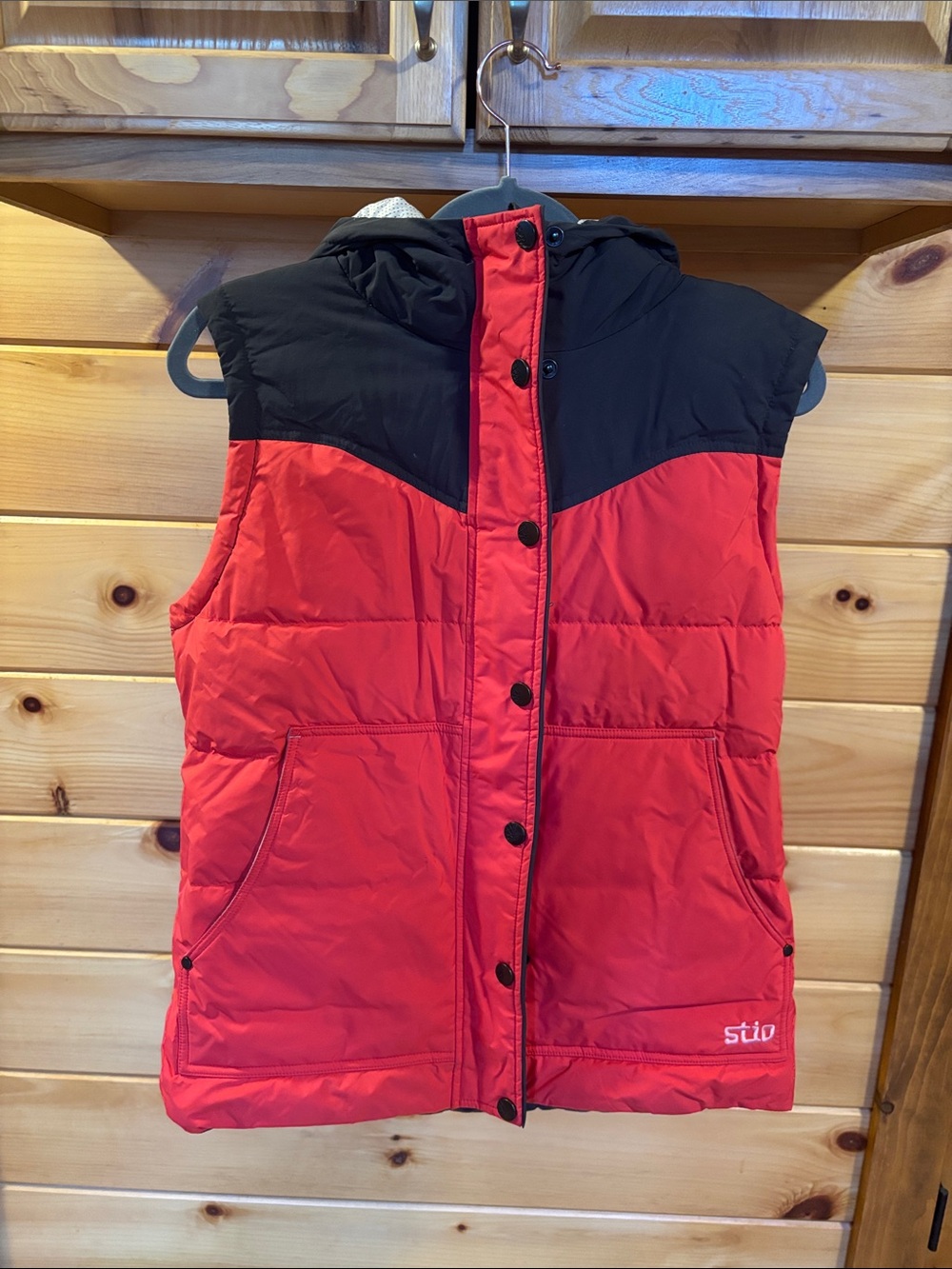 Stio Red and Black Hooded Puffer Vest